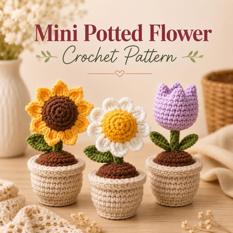 Mini Crochet Flower Pot Pattern Bundle | Sunflower Daisy Tulip Crochet Patterns