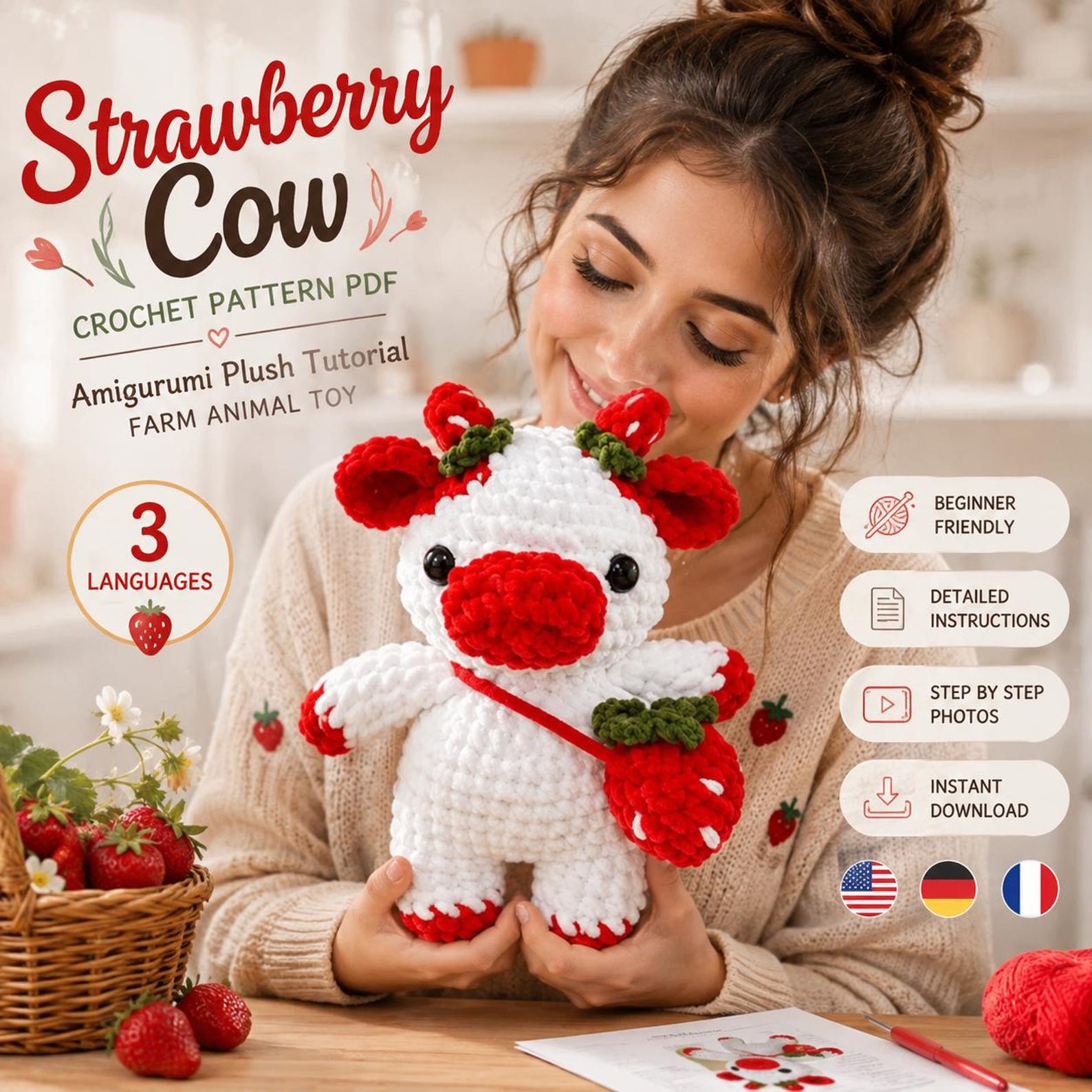 Strawberry Cow Crochet Pattern PDF - Cute Amigurumi Cow