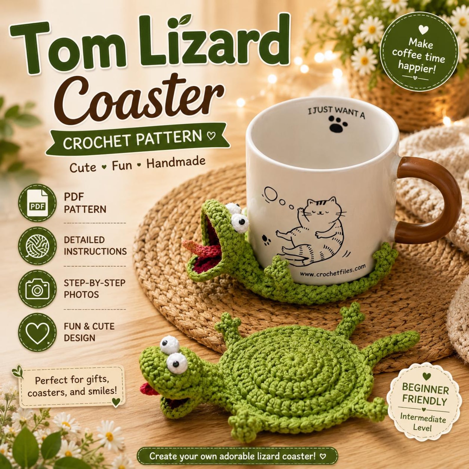 Tom Lizard Coaster Crochet Pattern – Cute Crochet Lizard Coaster