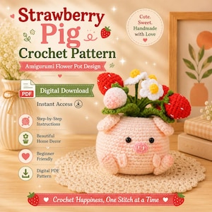 Haakpatroon voor een amigurumi varkentje met aardbeimotief | Kawaii bloempot (digitale download)