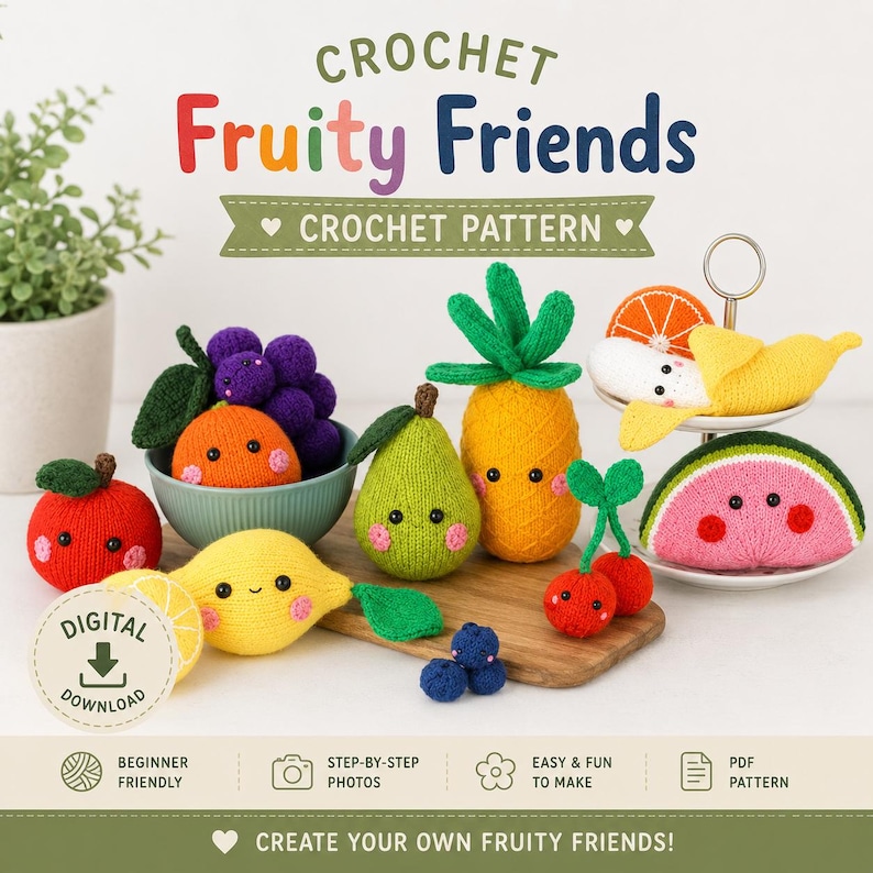 Close-up of a crocheted strawberry amigurumi showing embroidered seed details and a green crocheted leaf top