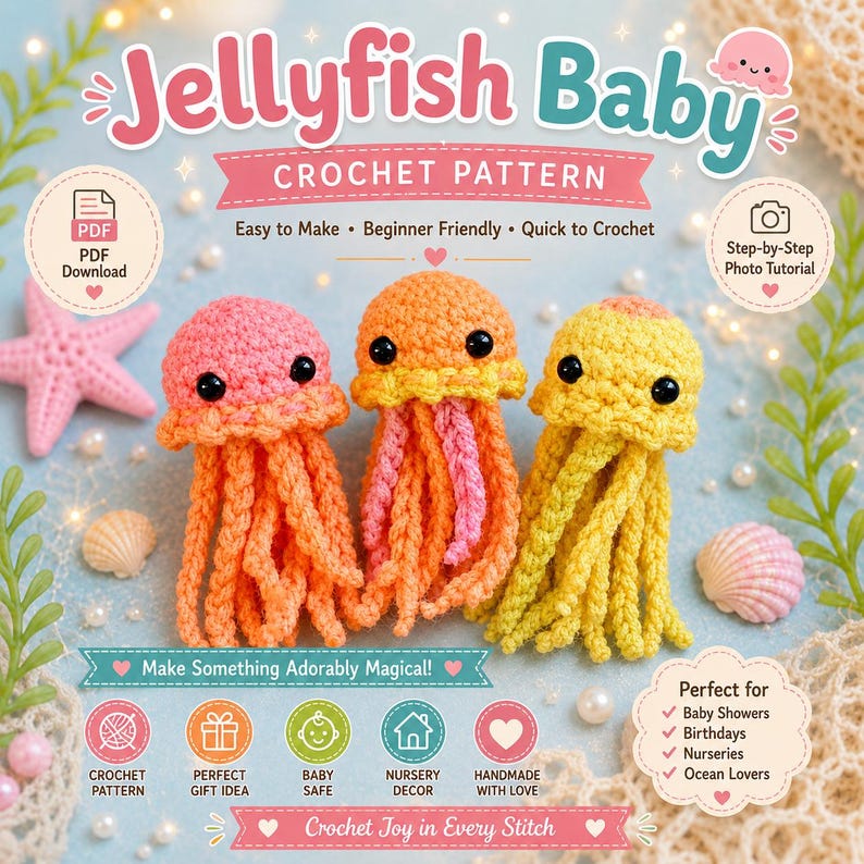 Finished pastel jellyfish amigurumi crochet toy with soft trailing tentacles resting on a knit blanket
