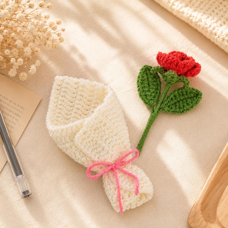 Multiple crocheted roses in a bundled bouquet wrapped in paper and tied with ribbon