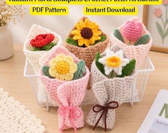 Crochet Floral Bouquet Patterns Bundle, 5 Flower PDF Patterns (Digital Download)