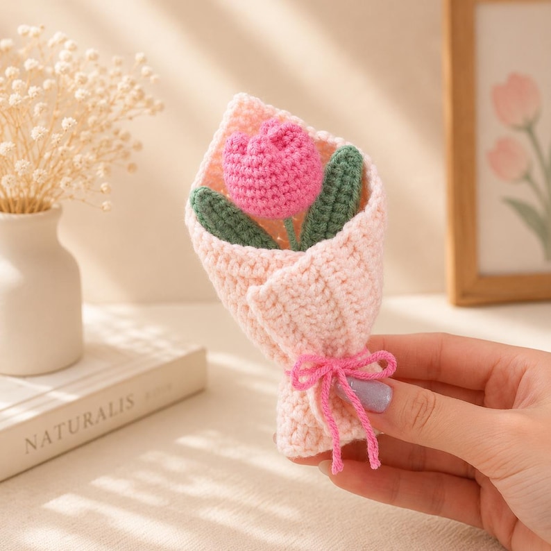 Crocheted tulip flower bouquet with cup-shaped petals and green leaves arranged together