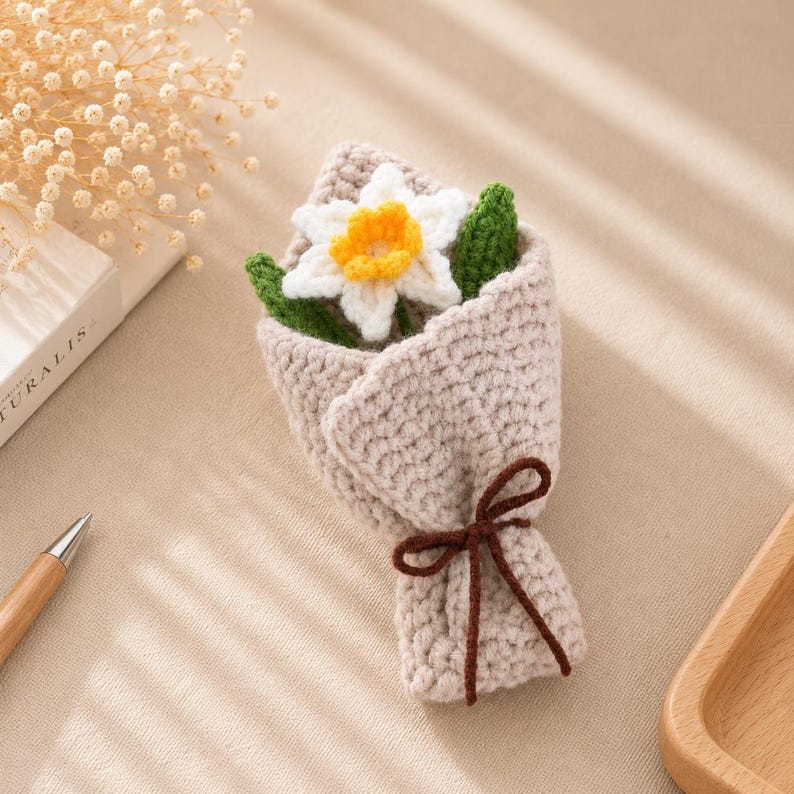 Close-up of crocheted narcissus trumpet center showing layered petal construction and stitch detail