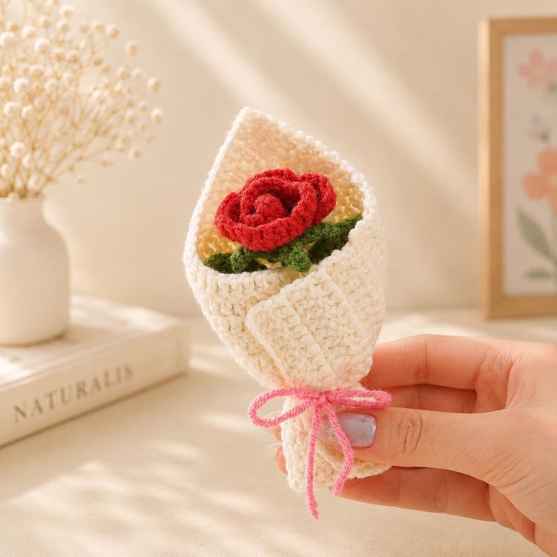 Crocheted rose bouquet with layered spiral petals and green leaves arranged together