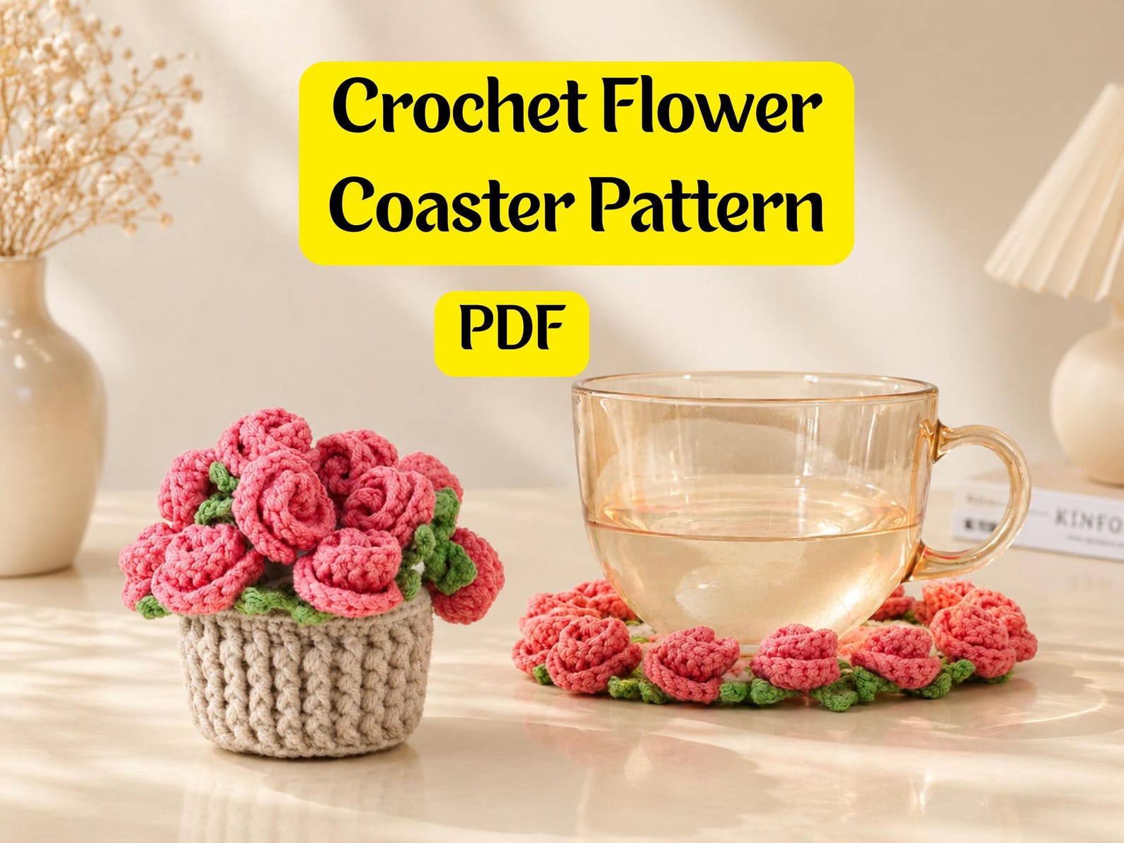 Crochet Rose Flower Pot Coaster Pattern