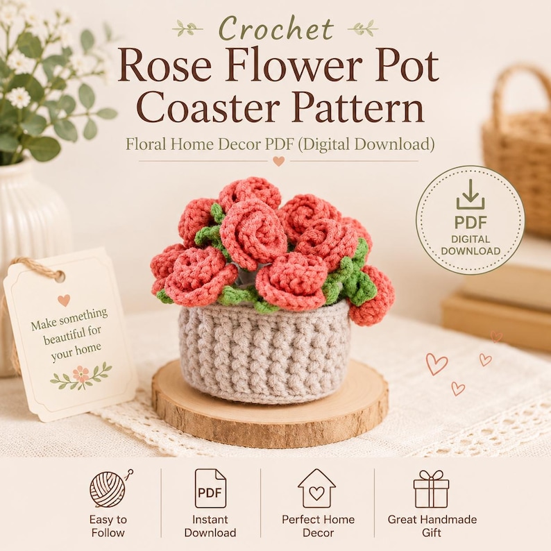 Crochet Rose Flower Pot Coaster Pattern