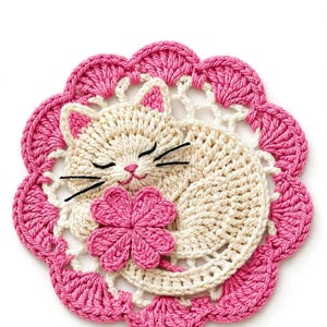 Sleeping Cat Coaster Crochet Pattern PDF - Lace Doily Mug Rug Amigurumi