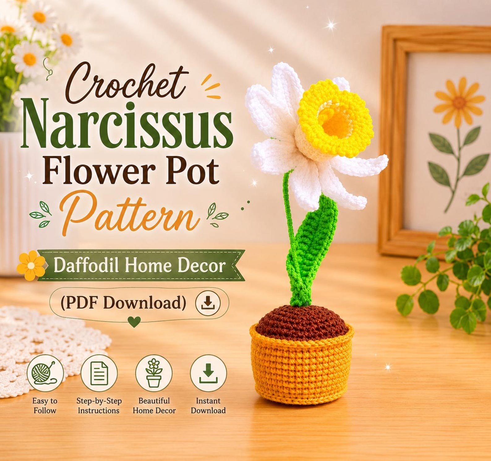 Finished crochet narcissus flower pot with bright yellow blooms arranged in a textured stitched pot