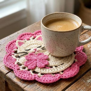 Padrão de crochê em PDF para porta-copos de gato dormindo - Tapete de caneca rendado em amigurumi