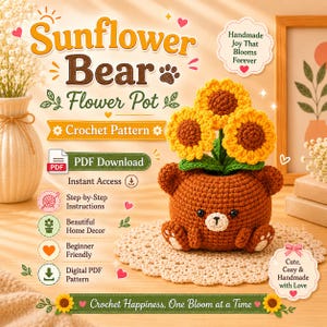 Patrón de ganchillo para maceta con forma de oso girasol / Decoración para el hogar Amigurumi (Descarga en PDF)