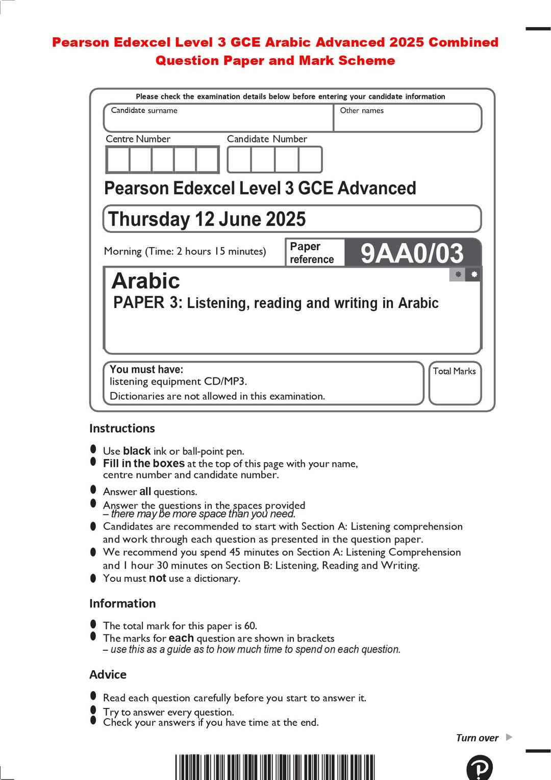 2025 Pearson Edexcel Level 3 GCE Arabic Advanced Combined Question ...