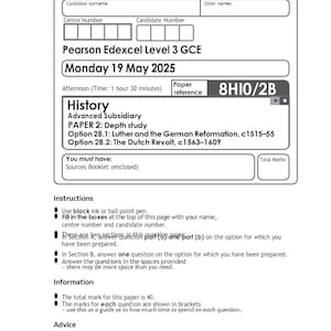 May include: A Pearson Edexcel Level 3 GCE History exam paper. The paper is for the Advanced Subsidiary, Paper 2: Depth study. The exam date is Monday, May 19, 2025. The paper includes instructions and information for the exam.