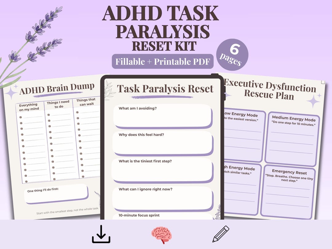 ADHD Task Paralysis Reset Kit | Fillable ADHD Planner | Executive ...