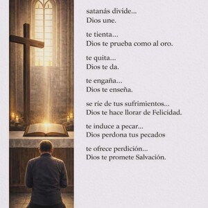 May include: A vertical print featuring a person kneeling before an altar with a cross and an open book, illuminated by light from a window. The text reads: Dios Trabaja a Tu Favor, satanás divide... Dios une, te tienta... Dios te prueba como al oro.