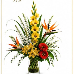 May include: A floral arrangement in a clear glass vase featuring yellow gladiolus, orange bird of paradise, red gerbera daisies, and yellow lilies with green foliage. The text "Happy Moments Become" is at the top and "Lifetime Memories" at the bottom.
