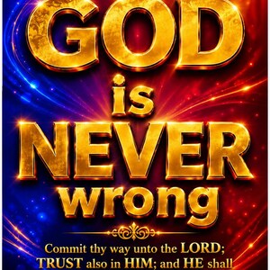 May include: A rectangular graphic featuring the gold metallic text GOD is NEVER wrong. Below this, the text reads: Commit thy way unto the LORD; TRUST also in HIM; and HE shall BRING IT to pass. Psalm 37:5 (KJV). The background has blue and red light.