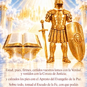 May include: A golden suit of armor with a helmet, sword, and shield featuring lion motifs, standing beside an open book on a pedestal. The background shows a bright sky with clouds and pillars. Spanish text from Ephesians 6:13-17 is visible.
