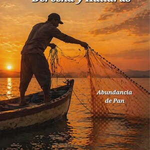 May include: A silhouette of a person in a cap standing in a small boat on water at sunset, casting a fishing net. The text Echa Tu Red a la Derecha y Hallarás and Abundancia de Pan is printed in white over the orange and yellow sky and water.