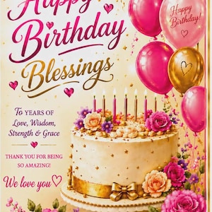 Op de afbeelding: Een verjaardagskaart met een crèmekleurige taart op een standaard, versierd met roze en oranje rozen, gouden sterren en zes brandende kaarsen. De kaart bevat de tekst Happy Birthday Blessings en roze en gouden ballonnen.