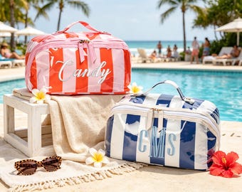 Personalized Striped Cosmetic Bag: Embroidered Monogram Toiletry Pouch (Water-Resistant)
