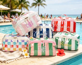 Personalized Embroidered Makeup Bag Custom Waterproof Cosmetic Pouch Monogram Striped Clear Coat Toiletry Bag Bridesmaid Gifts for Her