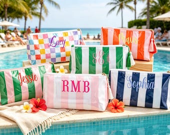 Personalized Embroidered Striped Cosmetic Bag Waterproof Toiletry Pouch Monogram Clear Coat Makeup Organizer Gift for Her Bridesmaid Gifts