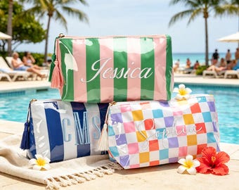 Personalized Embroidered Cosmetic Bag, Custom Monogram PVC Pouch, Waterproof Toiletry Travel Bag