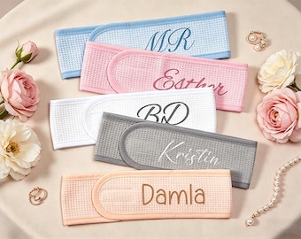 Personalized Spa Headband, Custom Embroidered Name Makeup Headband, Customized Waffle Hairband for Skincare & Bridesmaid Gift Wedding Gifts