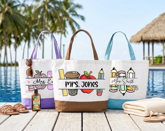 Personalized Teacher Cotton Canvas Tote Bag Teacher Life Tote Teacher Name Bag Custom Teacher Appreciation Gift Bag Gift for Teachers