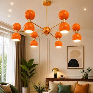 Orange Sputnik Chandelier, Mid Century Modern Brass Ceiling Light, Retro Globe Pendant, Space Age