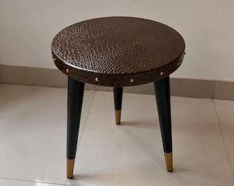 Handmade Leather Accent Stool, Mid-Century Modern Ottoman Seat, Brass Accents