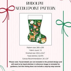 Puede incluir: Un patrón de punto de cruz para un calcetín navideño con Rudolph y otros personajes festivos. El diseño del calcetín es verde con detalles en blanco e incluye el texto "RUDOLPH NEEDLEPOINT PATTERN". Tamaño final: 50,8 x 58,4 cm.