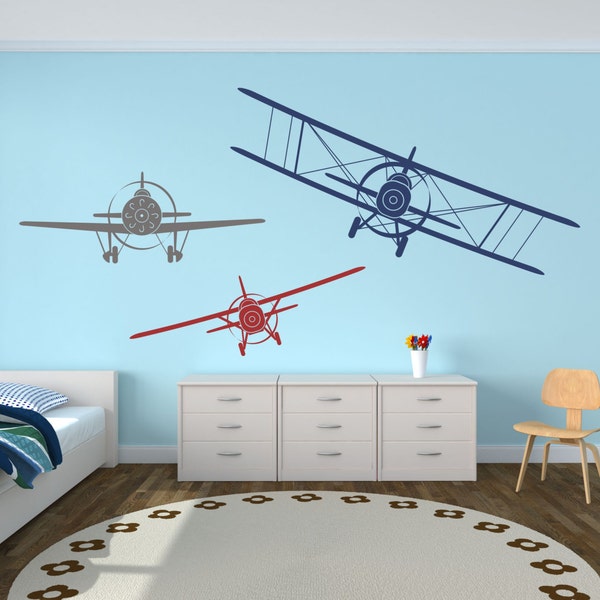 Airplane Wall Decals, Set of Three Planes, Biplane and Single Wing Airplanes, Airplane Decor, Airplane Nursery, Plane Decal - WD0223