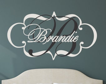 Elegant Monogram Wall Decal, Personalized Wall Decal, Shabby Chic Decor, Fancy Frame Name Decal, Monogram Wall Art - WD0135