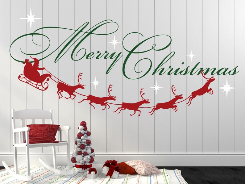 Merry Christmas Decal, Reindeer and Stars, Christmas Decor, Christmas Wall Decal, Christmas Decoration, Santa Wall Decal XMD001 image 3