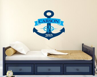 Nautical Personalized Name Wall Decal With Anchor — Custom Baby Boy Or Girl Nursery Decoration, Removable Vinyl, 22" X 21" Anchor Size