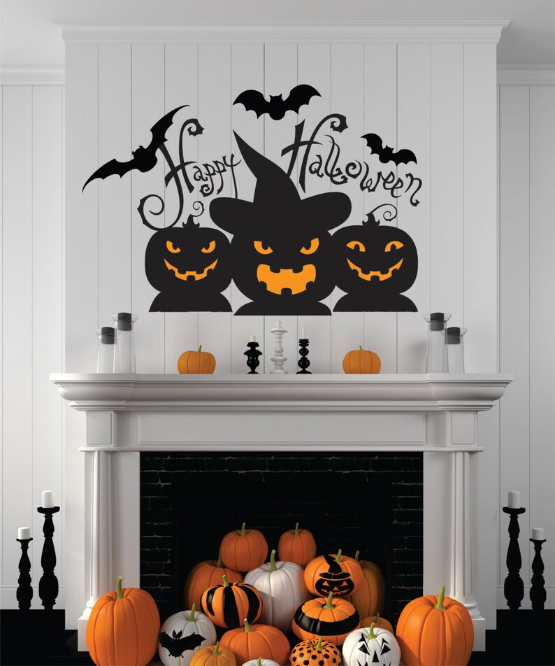 Happy Halloween Decal Halloween Halloween Wall Decal Bats Etsy