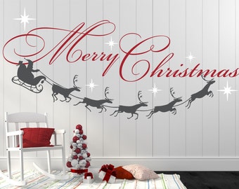 Merry Christmas Decal, Reindeer and Stars, Christmas Decor, Christmas Wall Decal, Christmas Decoration, Santa Wall Decal