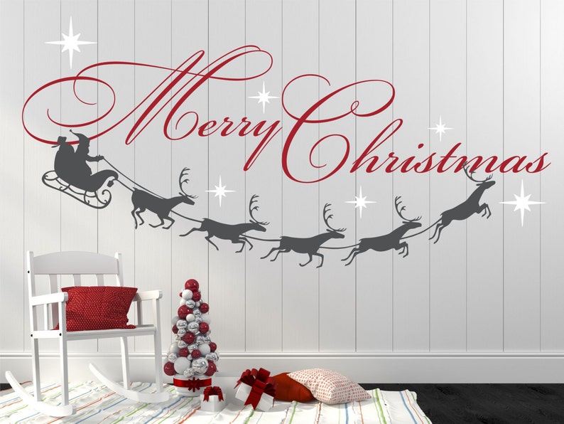 Merry Christmas Decal, Reindeer and Stars, Christmas Decor, Christmas Wall Decal, Christmas Decoration, Santa Wall Decal XMD001 image 1