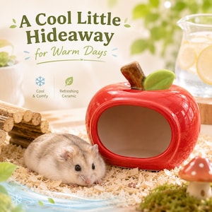 May include: A glossy red ceramic apple-shaped hideaway with a brown stem and green leaf, featuring a large oval opening. A small hamster sits on wood shavings next to the hideaway. Text reads: A Cool Little Hideaway for Warm Days, Cool & Comfy, Refreshing Ceramic.