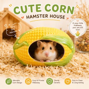 Pode incluir: Uma casa de hamster de cerâmica amarela e verde em forma de espiga de milho com uma grande abertura oval. O texto CUTE CORN HAMSTER HOUSE está impresso acima, com textos adicionais como Cozy Safe Adorable e A cozy little hideaway your pet will love.