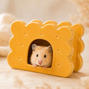 May include: A small hamster with light brown fur peeking out from a yellow ceramic hideout shaped like a rectangular scalloped-edge biscuit. The hideout features a central arched opening and small circular indentations on its surface.