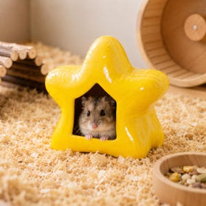 Pode incluir: Um esconderijo de cerâmica amarelo brilhante em forma de estrela para pequenos animais de estimação com um centro oco. Um pequeno hamster castanho e branco está posicionado dentro da abertura da estrela. A superfície é lisa e brilhante.