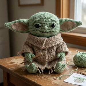 Può includere: Bambola amigurumi Grogu all'uncinetto, con grandi orecchie, una veste marrone e pelle verde. La bambola tiene in mano un bastoncino di legno ed è seduta su una superficie di legno. Sono visibili anche un gomitolo di filo verde e un uncinetto.