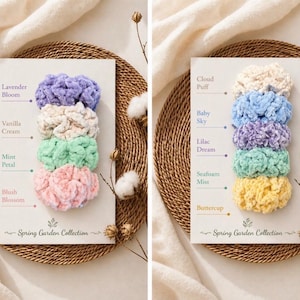 May include: Two cards displaying a collection of scrunchies in various pastel colors. One card features scrunchies in lavender, vanilla cream, mint petal, and blush blossom. The other card shows cloud puff, baby sky, lilac dream, seafoam mist, and buttercup scrunchies. The text "Spring Garden Collection" is at the bottom.