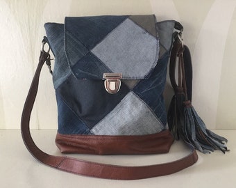 Patchwork Denim Shoulderbag VanStoel#251 BLUE BROWN