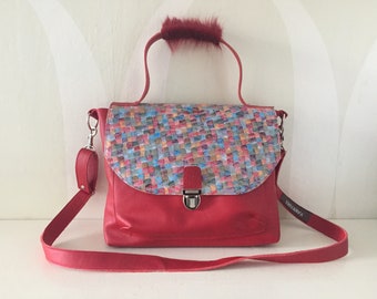 Leather Shoulder Bag Handbag with Flap VanStoel#319 RED MULTICOLOR | RECLAIMED handmade leather bag to reduce waste